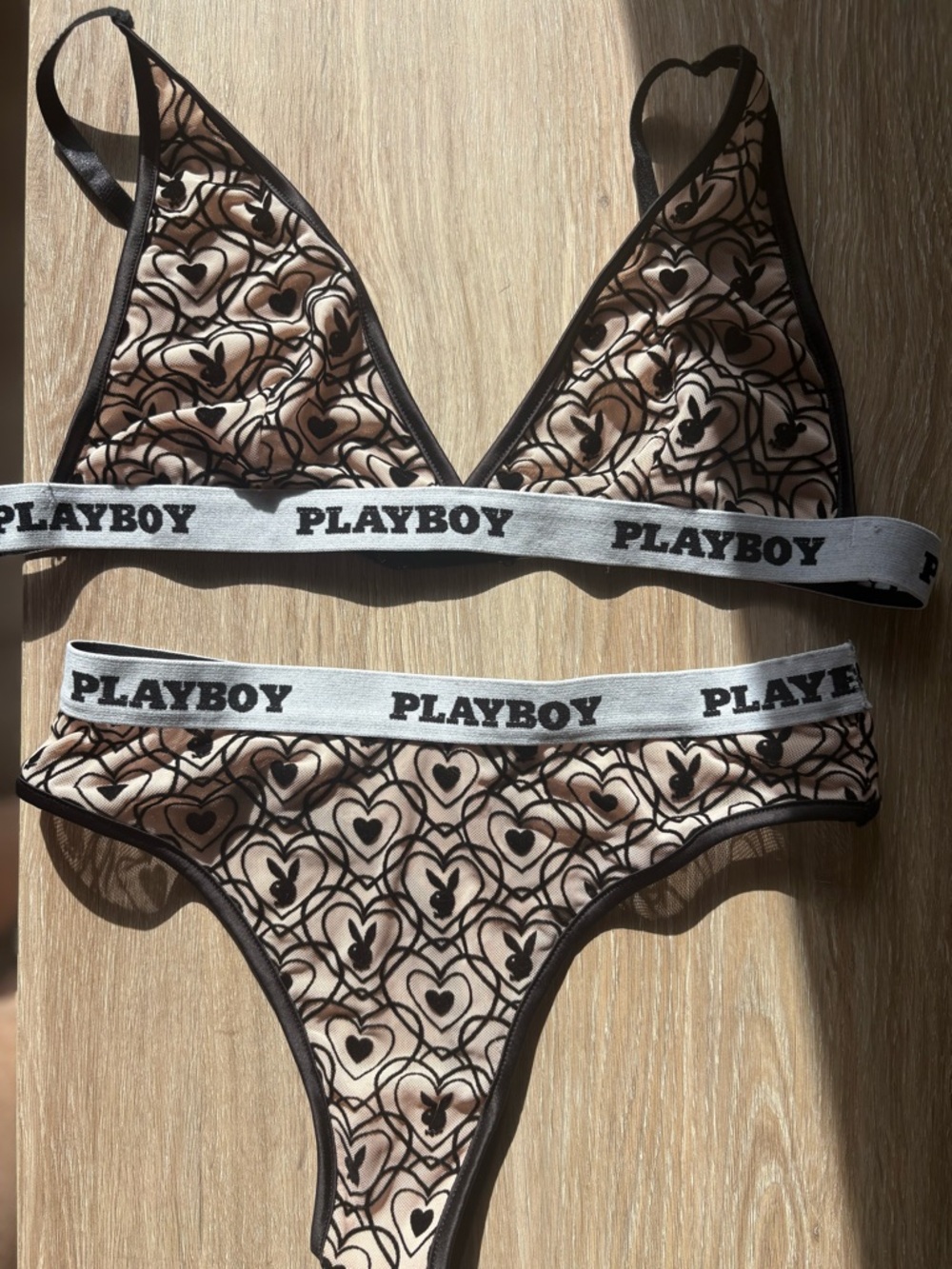 Playboy Women's Heart Print Bralette & Thong Set in Nude/Black crushed velvet - Picture 6 of 9
